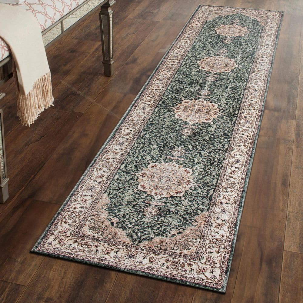Traditional Oriental Medallion Washable Non Slip Green 2 ft. x 8 ft. Runner Rug price history on PriceWatchPro