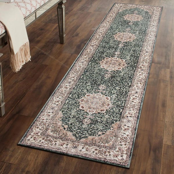Traditional Oriental Medallion Washable Non Slip Green 2 ft. x 8 ft. Runner Rug