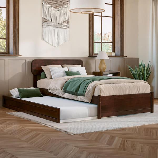 AFI Capri Walnut Brown Solid Wood Frame Twin XL Platform Bed with Panel Footboard and Twin XL Trundle