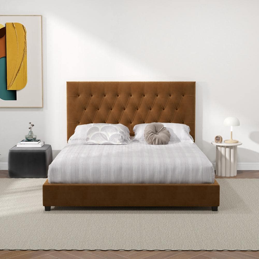 Elda Walnut Queen Platform Bed with Tufted Velvet Upholstery