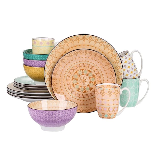 vancasso 16-Piece Patterned Assorted Colors Porcelain Dinnerware Set (Service for 4)