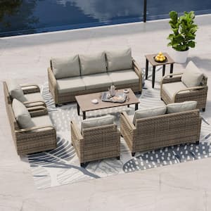 8-Piece Wicker Outdoor Patio Conversation Set with Gray Cushions, Side Table and Coffe Table