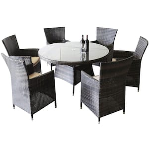 7-Piece Wicker Aluminum Frame Outdoor Dining Set with Washed Beige Cushion and Round Dining Table
