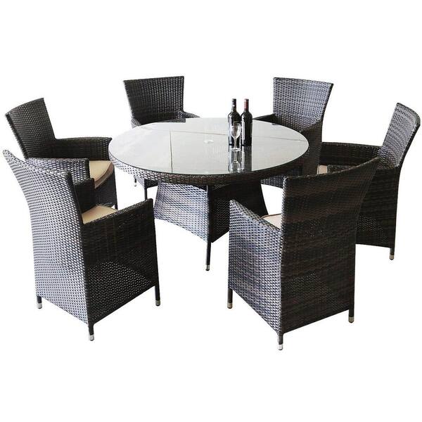PATIOPTION 7-Piece Wicker Aluminum Frame Outdoor Dining Set with Washed Beige Cushion and Round Dining Table
