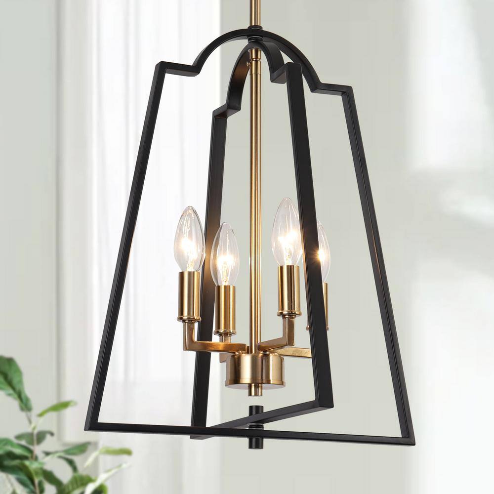Zevni Modern Industrial 4Light Black Lantern Chandelier for Kitchen Island, Classic Brass Gold