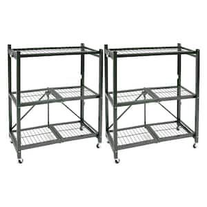 Foldable 3-Tiered Shelf Storage Rack and Wheels, Pewter (2-Pack)