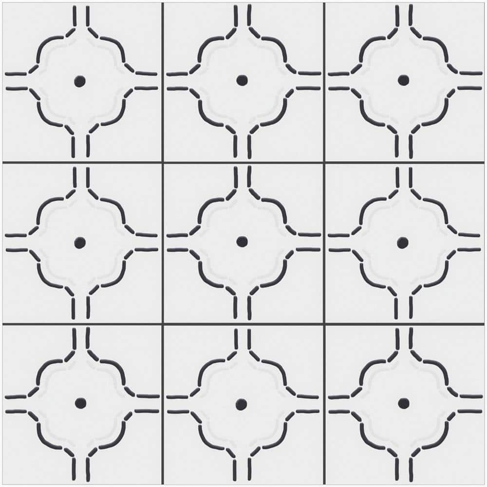 Kenzo 8" x 8" White and Black Porcelain Patterned Tile