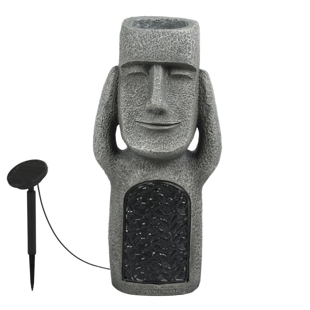 Gray Easter Island Solar Garden Statues with Planters, Set of 3