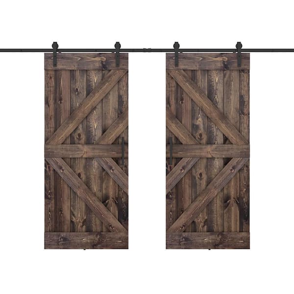 Dessliy Double KL 48 in. x 84 in. Dark Brown Finished Pine Wood Sliding Barn Door with Hardware Kit (DIY)