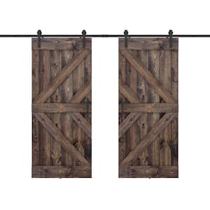 Double KL 48 in. x 84 in. Fully Set Up Dark Brown Finished Pine Wood Sliding Barn Door with Hardware Kit
