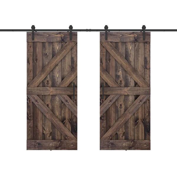 Dessliy Double KL 60 in. x 84 in. Fully Set Up Dark Brown Finished Pine Wood Sliding Barn Door with Hardware Kit