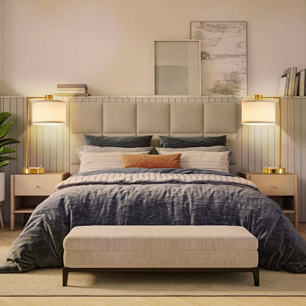 table lamp for bedroom set of 2 with usb c+a ports  fully stepless dimmable bedside lamp with linen lampshade  nightstand lamp for living room reading office  2 led bulbs included (gold)