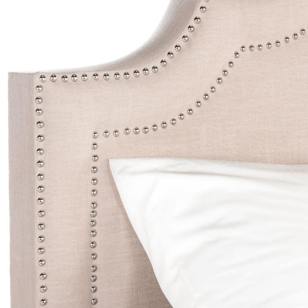 Light Beige Queen Upholstered Bed Frame with Nailhead Trim