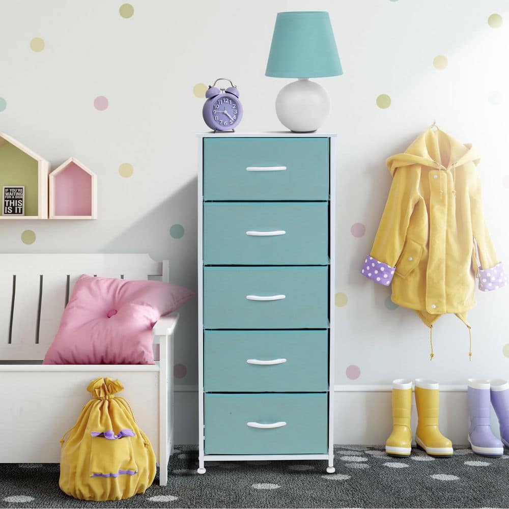 Aqua Fabric 5-Drawer Tall Storage Dresser with Steel Frame