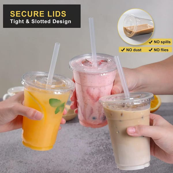 Esepony 16 oz. Disposable Plastic Cups with Lids and Straws for Iced  Coffee, Smoothie, Milkshake, Cold Drinks, Clear (100-Pack) JR490536 - The  Home Depot