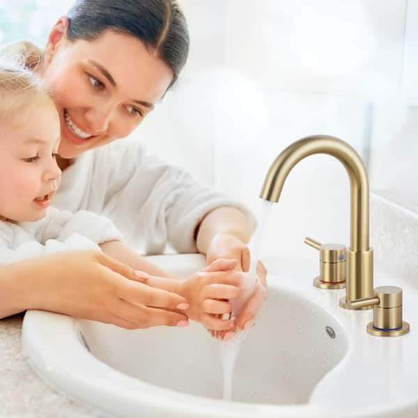 8 in. Widespread 2-Handle High Arc Bathroom Faucet with Drain Kit Included and All Mounting Hardware in Brushed Gold