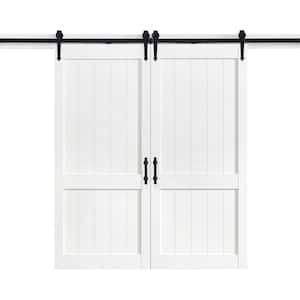Dorian 36 in. x 84 in. Textured White Double Sliding Barn Door with Solid Core and Victorian Soft Close Hardware Kit