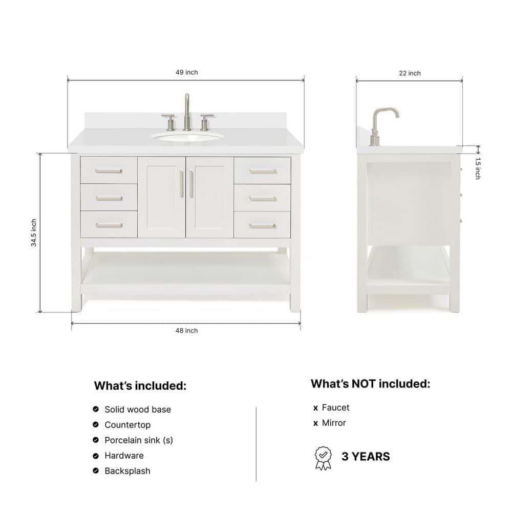 Magnolia 49" White Solid Wood Single Bathroom Vanity with Quartz Top
