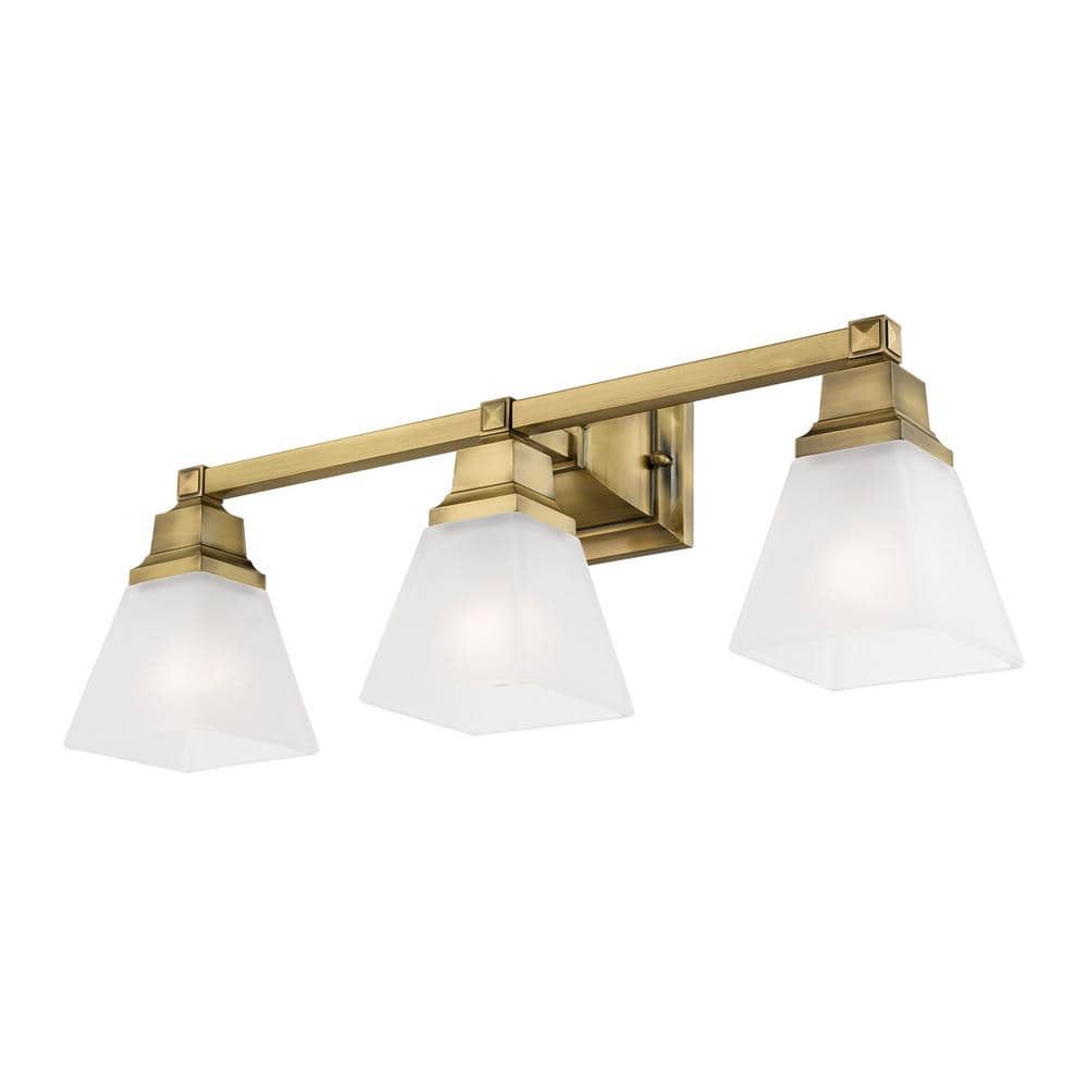 Antique Brass Mission 3-Light Bath Vanity with Satin Glass