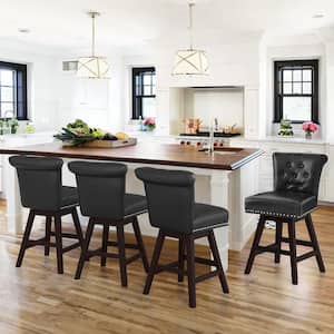 26 in. Black Faux Leather Swivel Barstool Solid Wood Counter Stool with Nail Head Trim and Tufted Backrest (Set of 4)