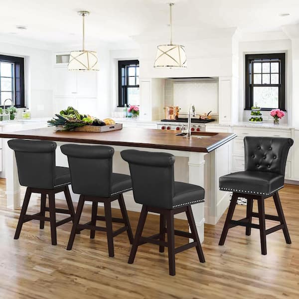 cozyman 26 in. Black Faux Leather Swivel Barstool Solid Wood Counter Stool with Nail Head Trim and Tufted Backrest (Set of 4)