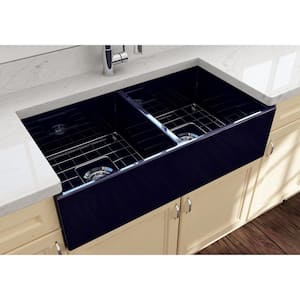 Contempo Farmhouse Apron Front Fireclay 36 in. Double Bowl Kitchen Sink with Bottom Grid and Strainer in Sapphire Blue