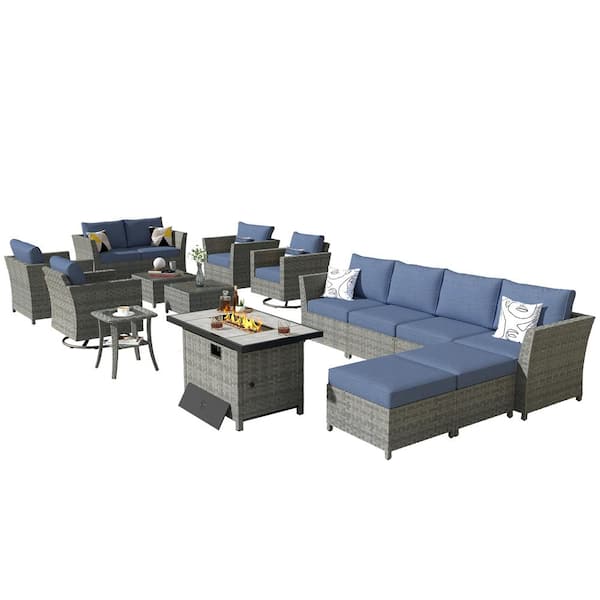 Bexley Gray 16-Piece Wicker Rectangle Fire Pit Patio Conversation Set with Denim Blue Cushions and Swivel Chairs