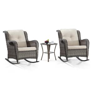 3-Piece Wicker Outdoor Rocking Chair Set of 2 and Matching Side Table with Premium Beige Fabric Cushions