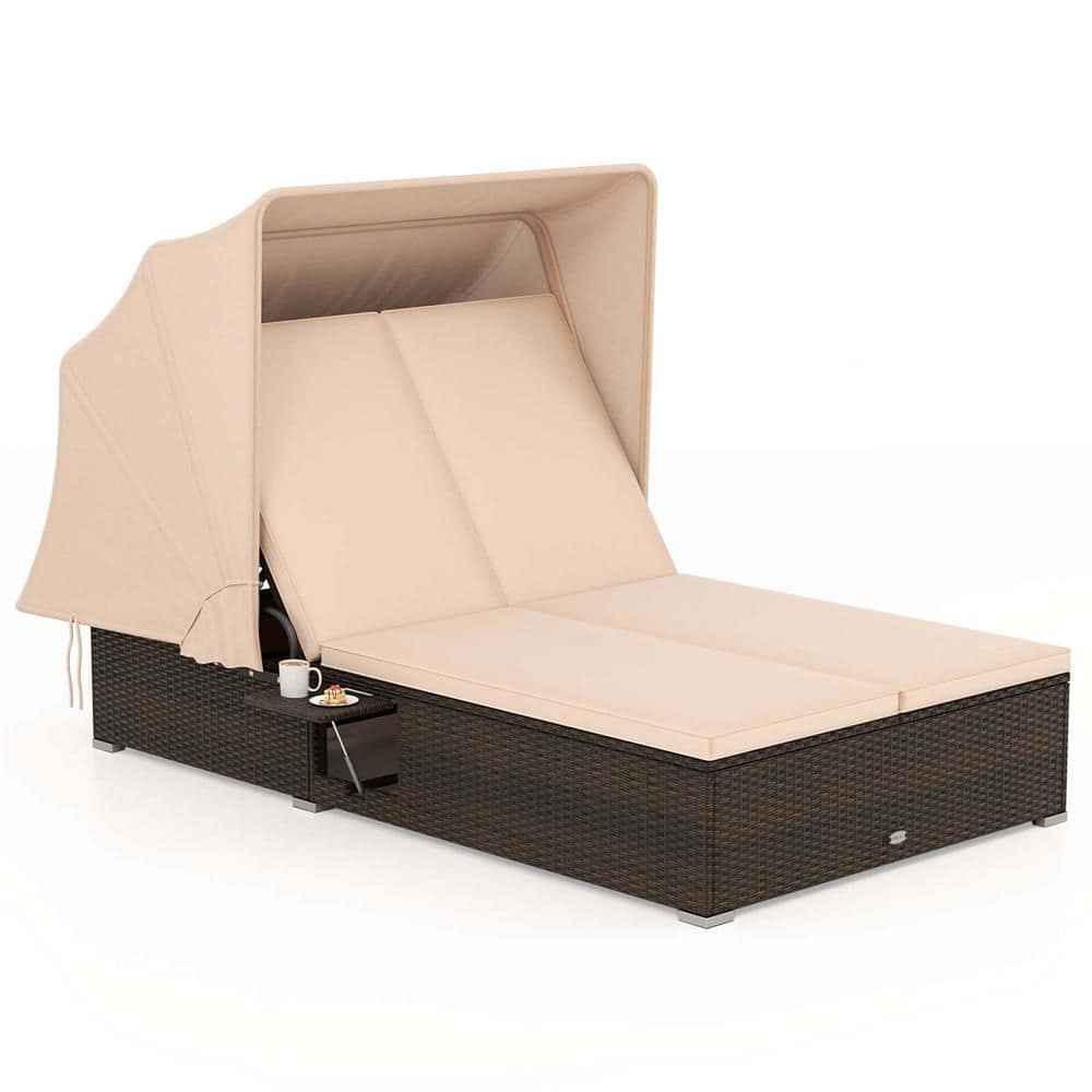 Wicker Outdoor Day Bed with Retractable Canopy 5-position Adjustable Backrest and Beige Cushions