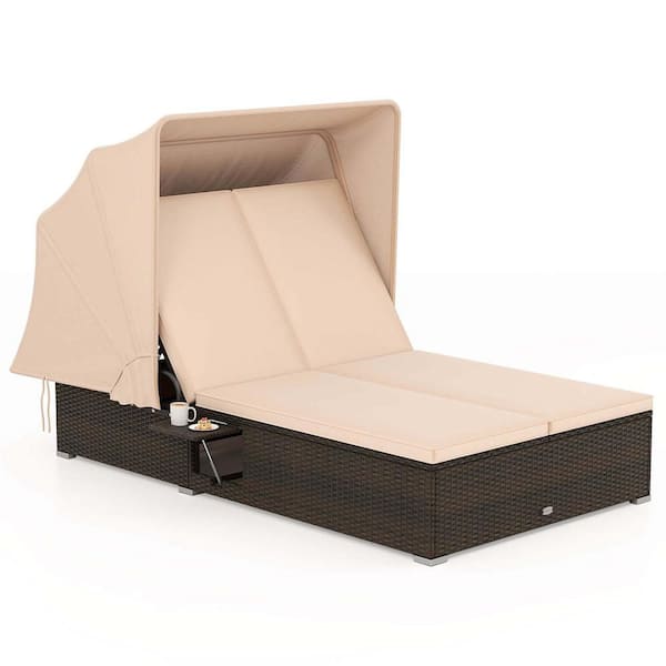 Costway Wicker Outdoor Day Bed with Retractable Canopy 5-position Adjustable Backrest and Beige Cushions