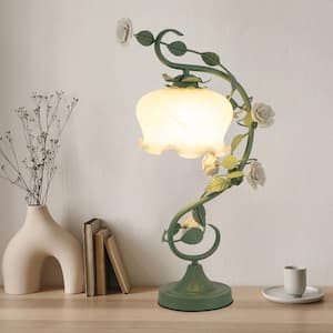 20.5 in. Green Retro Rose Glass Gooseneck Desk Lamp with White Bent Glass Shade