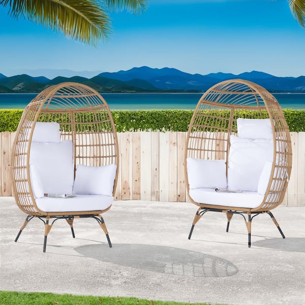BFB 2 -Pieces Outdoor Oversized Brown Rattan Egg Chair Indoor Outdoor Chair