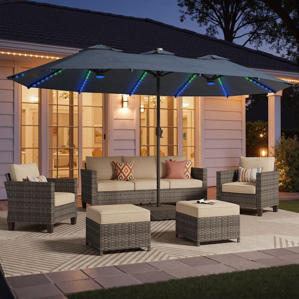 15 ft. Rectangule Outdoor Double Sided Market Patio Umbrella in Dark Blue with Base and RGB Lights for Poolside Lawn