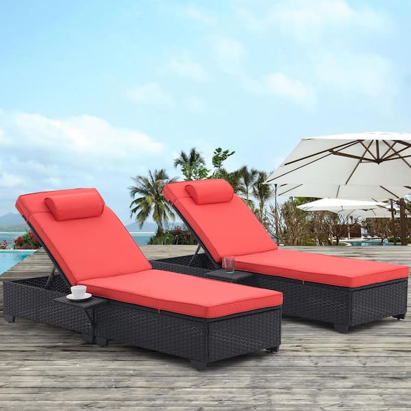 Zeus & Ruta Black Wicker Outdoor Patio Chaise Lounge Chair with Red Cushions, Adjustable Backrest and 1-table Set of 2