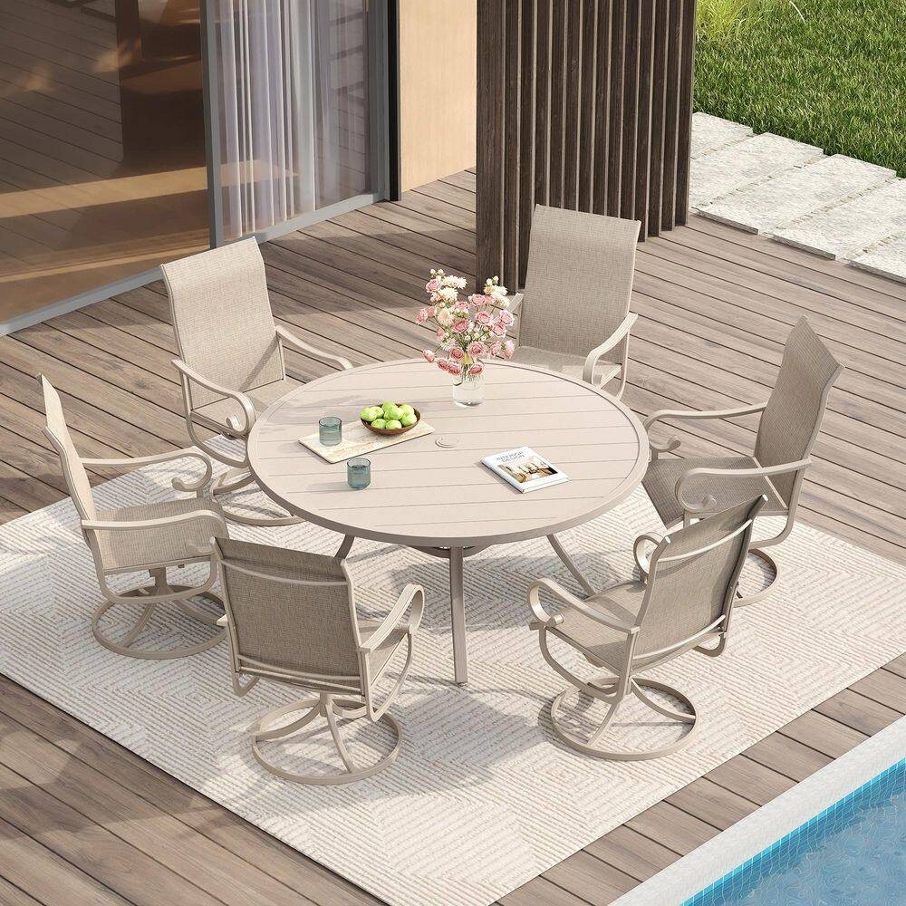 7-Piece Outdoor Patio Dining Set with 47.2 in. Sandshell Metal Round Table and 6-Sandshell Textilene Swivel Chairs price history on PriceWatchPro