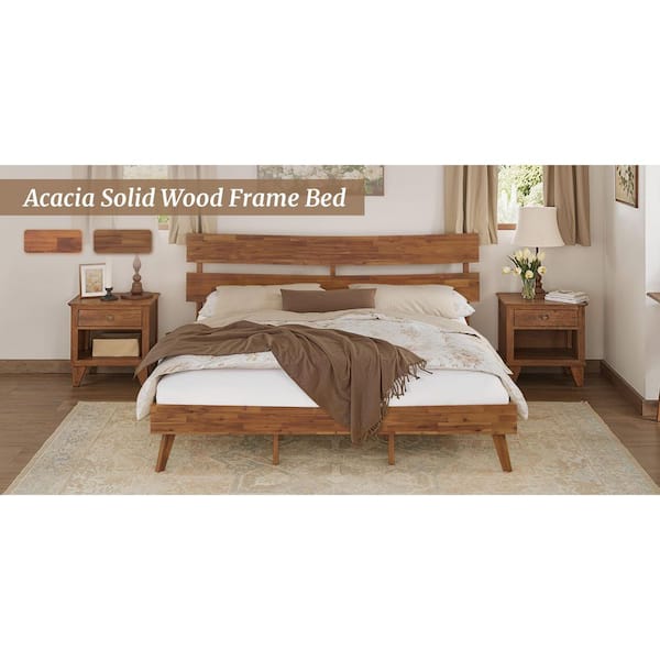 Mila Mid Century Brown Caramel Acacia Solid Wood Frame Queen Platform Bed Frame with Curved Headboard, Easy Assembly