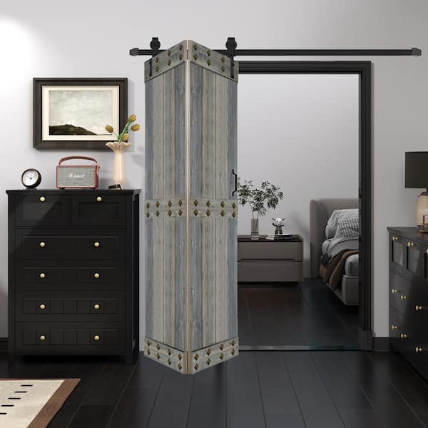 ISLIFE Mid-Bar Style 30 in. x 84 in. (15 in. x 84 in. 2-Panels) Solid Core Aged Barrel Wood Bi-Fold Door Hardware Kit -Assembly