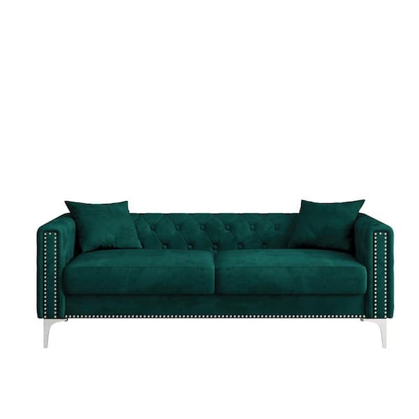 83 in. Wide Square Arm Velvet Modern Rectangle Sofa in Green