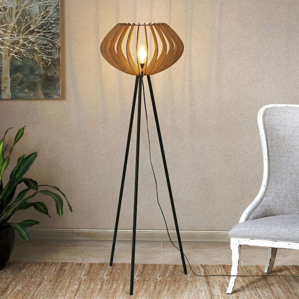 Zompoo Modern 60 in. 1-Light Black Metal Tripod Floor Lamp for Living Room with Wood Shade, Foot Switch