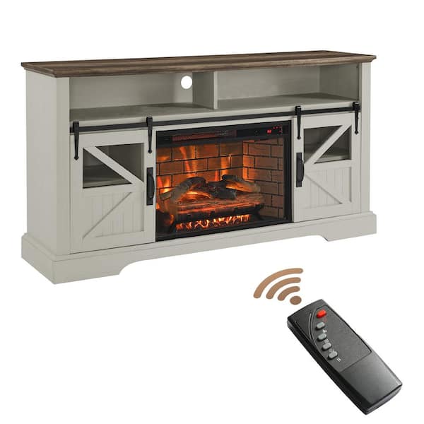 60 in. Freestanding Electric Fireplace TV Stand With Door Sensor in Jasmine White