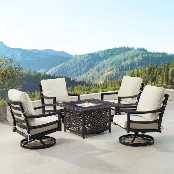 Oakland Living Black 6-Piece Aluminum Patio Fire Pit with 4-Club Chairs Light Grey Cushions