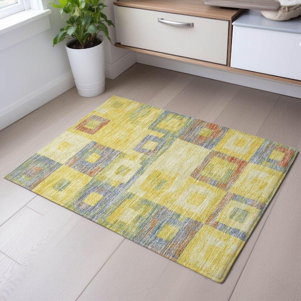 Mayfield Premium Machine Washable Abstract AMF1142 Yellow 2 ft. x 3 ft. Area Rug