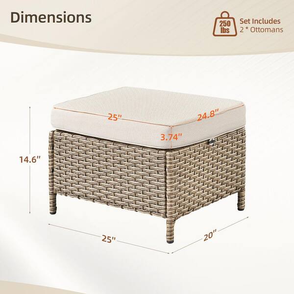 TimberLeg Light Yellow Wicker Outdoor Ottoman with Beige Cushions and Side Buckle Straps (2-Pack)