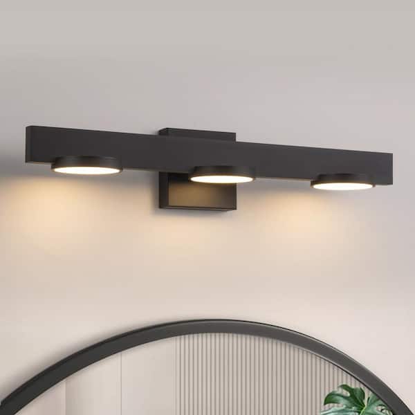 Laplusbelle 23.75 in. 3-Light Black Aluminum Dimmable LED Bathroom Vanity Light with Frosted Acrylic Shade