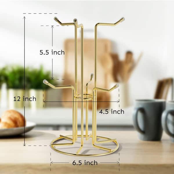 6-Hook Gold Stand with Stable Base Mug Tree, Metal Mug Holder for Large Cups, Countertop Coffee Bar Decor