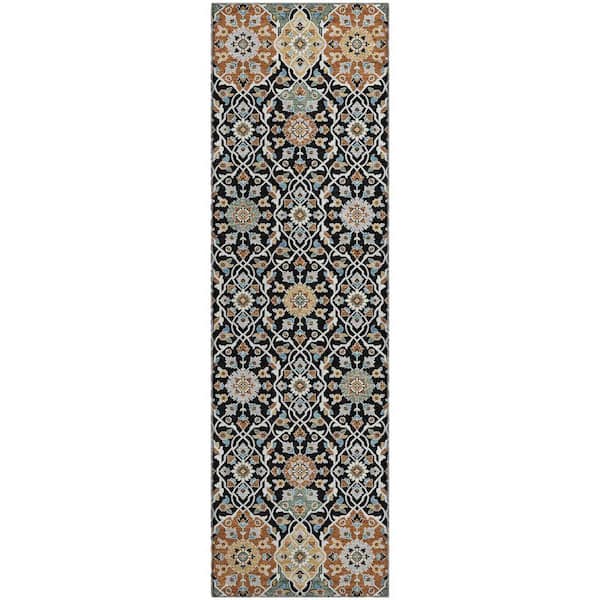 Mayfield Premium Machine Washable Abstract AMF2199 Black 2 ft. x 7 ft. Runner Rug