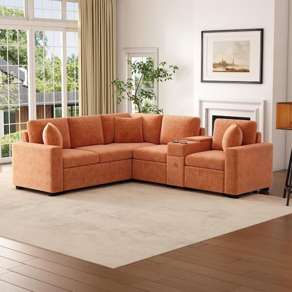 aisword 120.5 in. Reversible Chenille Modular Sectional Sofa Bed in Orange with Pull-Out Bed, Cup Holders and Ample Storage