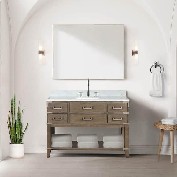 Irvington 48 in W x 22 in D Grey Oak Single Bath Vanity, Carrara Marble Top, and 46 in Mirror