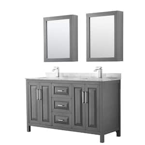 Daria 60 in. Double Bathroom Vanity in Dark Gray with Marble Vanity Top in Carrara White and Medicine Cabinets