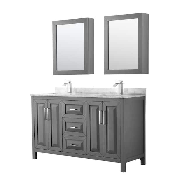 Wyndham Collection Daria 60 in. Double Bathroom Vanity in Dark Gray with Marble Vanity Top in Carrara White and Medicine Cabinets